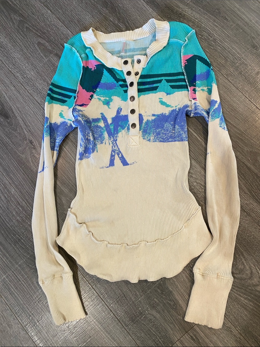 Free People Ribbed Long-Sleeve Henley Top in Cream with Teal & Blue Ski Print